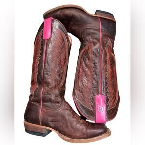 Anderson Bean Women’s Size 6B Brown Leather Western Boots with Pink and Orange